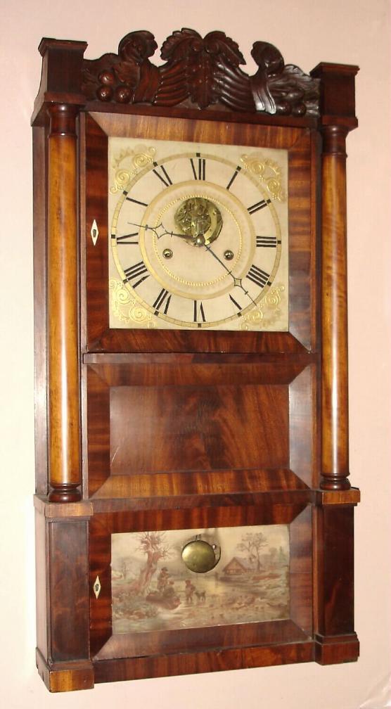 Silas B. Terry, Plymouth, Conn., Circa 1835, 8-day time/strike, full column and carved splat shelf clock, 2-weight skeletonized front plate movement. — Antique Clocks Price Guide