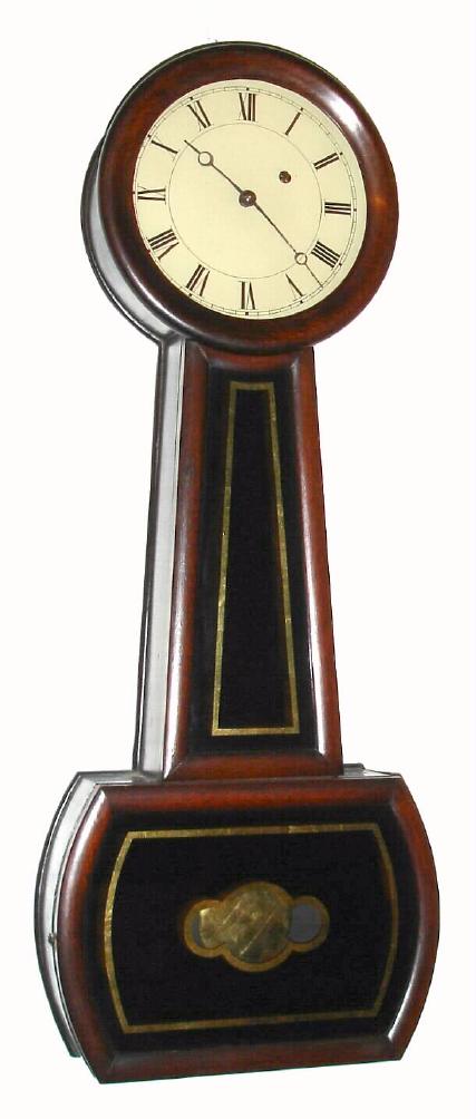 George D. Hatch, Attleboro, Mass., Circa 1860, 8-day banjo timepiece, weight driven, with reverse painted/gilt tablets. — Antique Clocks Price Guide