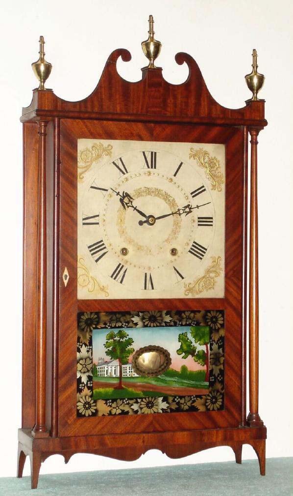 Ephraim Downs, Bristol, Conn., Circa 1828, 30-hour time/strike wood movement pillar and scroll shelf clock, 2-wt — Antique Clocks Price Guide