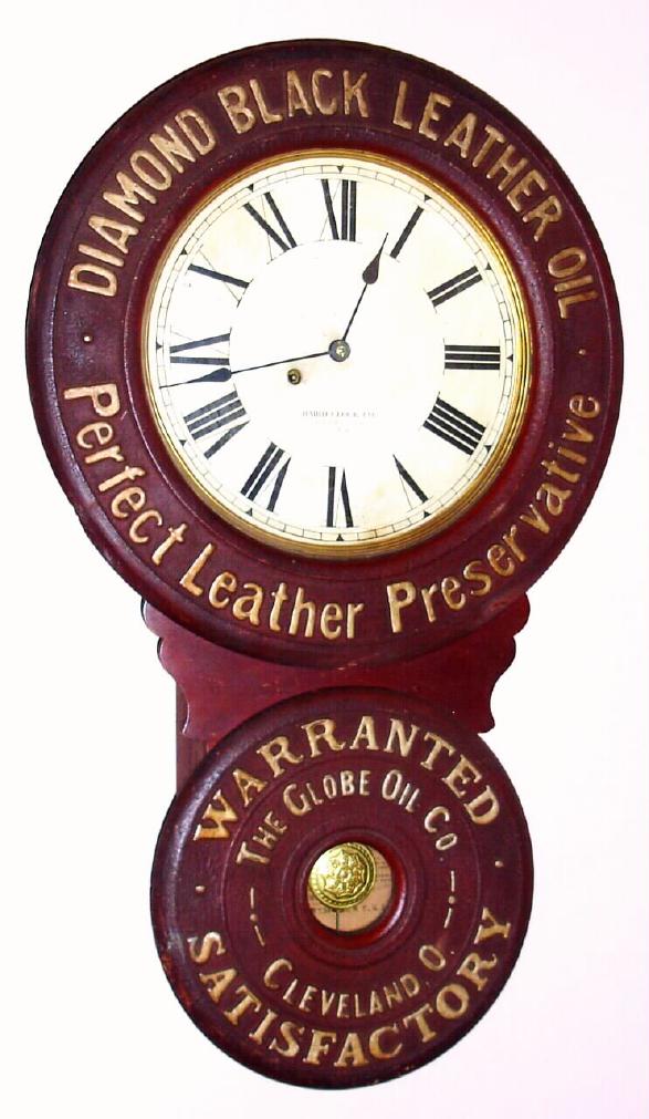 Baird Clock Co., Plattsburgh, NY, C.1893, figure 8 advertising timepiece for BLACK DIAMOND LEATHER OIL, eight day, spring. — Antique Clocks Price Guide