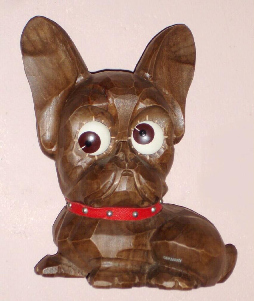 German, Oswald Uhrenfabrik, C.1950, carved wood (labeled hand carved), moving (rotating) eye TERRIER, novelty clock, 1-day, model 16 with red collar. — Antique Clocks Price Guide