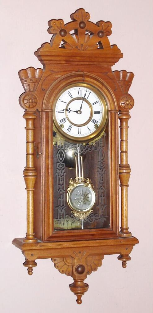 F. Kroeber, No. 8 Cortlandt St, New York, C.1880, "REGULATOR No 36", with FKC etched pattern front glass, 8-day time and bell strike, spring, in a fancy wall hanging walnut case. — Antique Clocks Price Guide