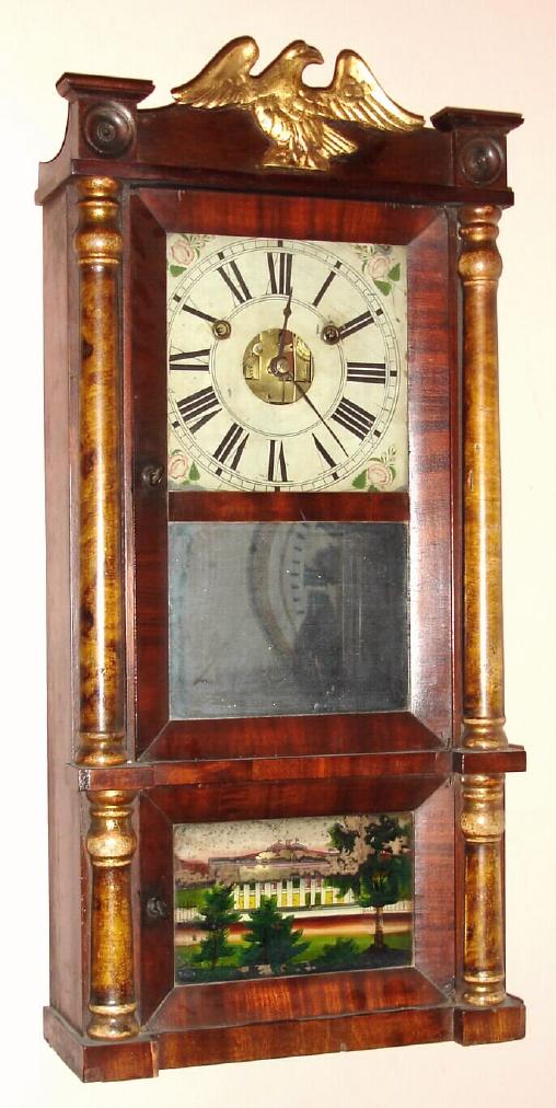 Forestville Manufacturing Co, (J. C. Brown), Forestville, Conn, C.1850, miniature empire style double door shelf clock, with faux marble columns and eagle splat, 2-wt, 1-day. — Antique Clocks Price Guide