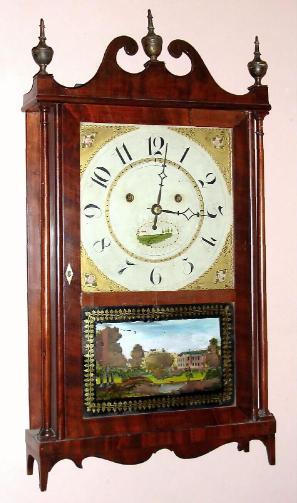 Silas Hoadley, Plymouth, Conn, C.1830, PILLAR and SCROLL shelf clock, with 2-wt wooden movement (upside down version) — Antique Clocks Price Guide