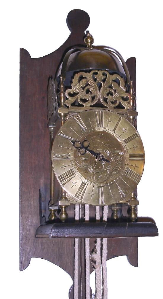 English, Thomas Reeve, Harlstone, Weight driven lantern clock, time and bell strike, made C.1920 in the style of 1750; note wooden bracket is NOT included with this lot, we borrowed it from the Hodges lantern for this foto. — Antique Clocks Price Guide