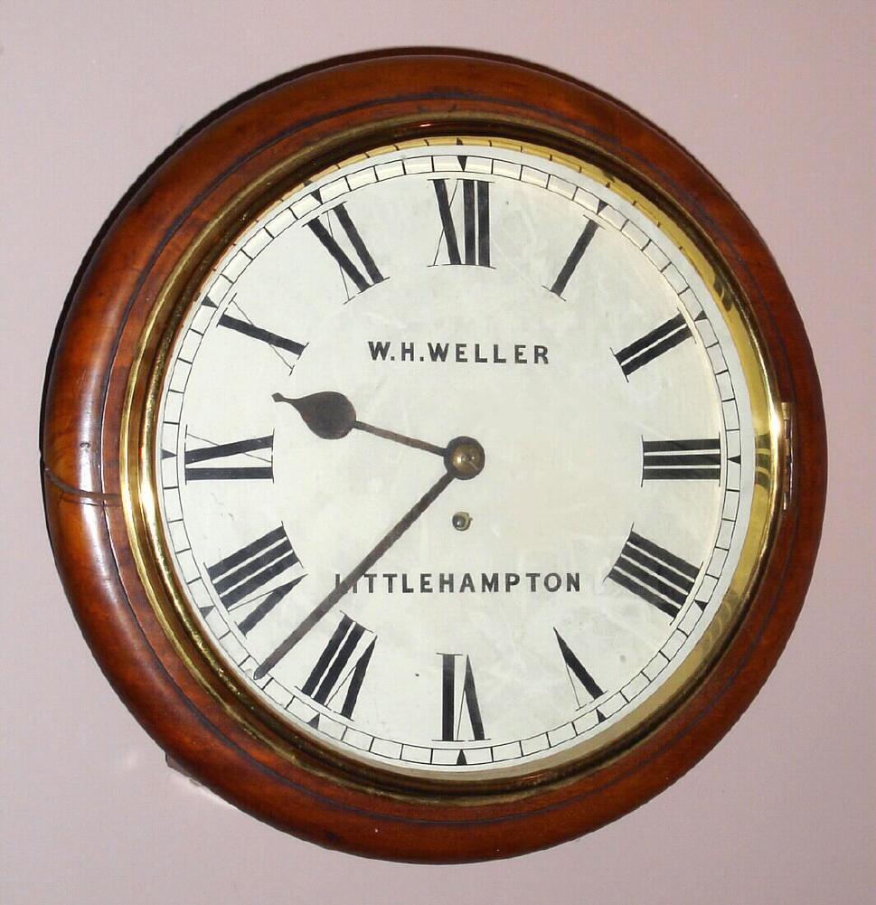 English, C.1900, Pub or dial clock, with fusee movement, in a mahogany case with 12 inch dial signed W. H. Weller, Littlehampton. — Antique Clocks Price Guide