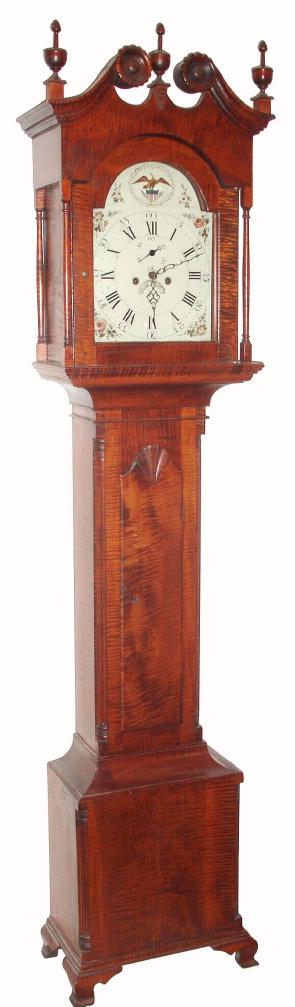 A reproduction tiger maple tall clock with scroll top and carved rosettes, full columns flanking the hood door, and quarter columns flanking the tombstone door with carved fan at top. The base or plinth of the case has matching quarter columns and well proportioned French feet. With a period [C.1830] American 8-day 2-wt time and strike movement, having a painted iron dial with Roman numerals and eagle in the arch. — Antique Clocks Price Guide