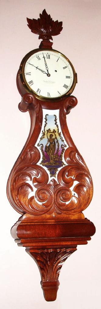 Foster S. Campos, Pembroke, Mass, 1977 {dated}, lyre banjo, model W-4, a reproduction of the Lemuel Curtis timepiece made around 1830, 8-day weight driven. — Antique Clocks Price Guide