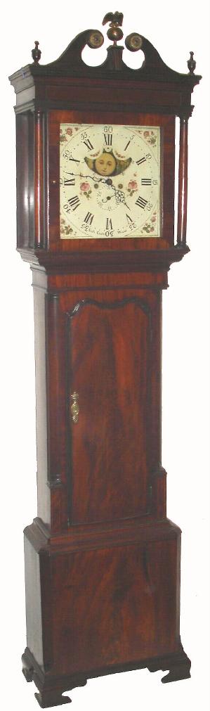 English, Archibald Coats, Wigan, C.1820, a Liverpool area painted square dial tall clock with Halifax moon, 8-day, bell strike, 2-wt, the hood with broken arch pediment, eagle finial in center, and the plinth with well formed bracket feet. — Antique Clocks Price Guide