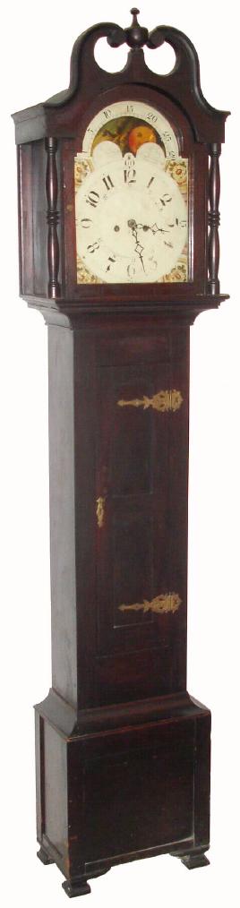 American tall clock, unsigned, 8-day with rolling moon, the last repair label from 1883, Philadelphia. Mov't with well shaped plates along the top and cut out at bottom to conserve brass. The informal country case of mixed woods retains large cast door hinges and a deep broken arch. C.1825. — Antique Clocks Price Guide