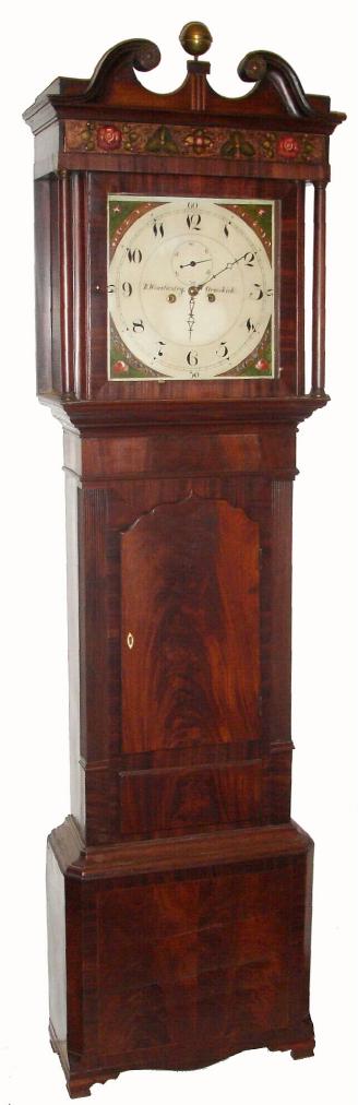 English, R. Winstanley, Ormskirk, C.1820, painted square dial tall clock, 8-day, 2-weight, in a northern England mahogany case with flat reeded pilasters flanking the short door, dial with seconds hand below 12. — Antique Clocks Price Guide