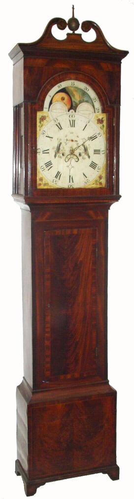 Scottish, unsigned, C.1840, arched dial tall clock with rolling moon, 8-day, 2-wt, bell strike, in a mahogany and mahogany veneer case with cross banded trim. — Antique Clocks Price Guide