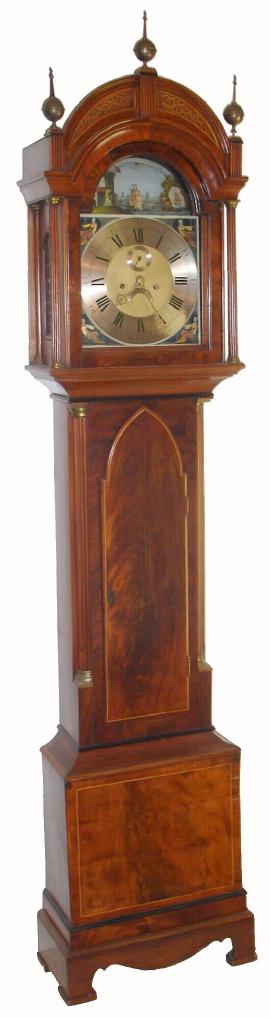 English, Benjamin Ellis, Woodbridge, C.1830, Composite dial with rocking ship in the arch, 8-day, 2-weight mov't, and with seconds hand and calendar aperture, housed in a mahogany case with Gothic influence and satinwood edging. — Antique Clocks Price Guide
