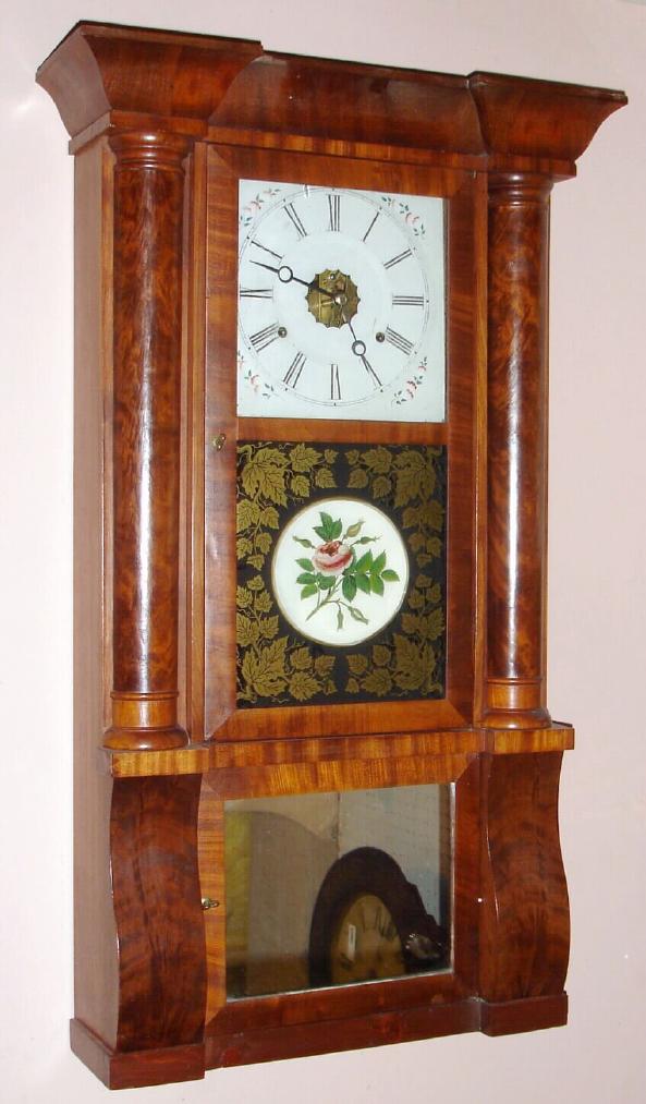 Birge, Peck and Co., Bristol, Conn., C.1850, 8-day time and strike column and cornice shelf clock, 2-wt, with heavy strap brass movement. — Antique Clocks Price Guide