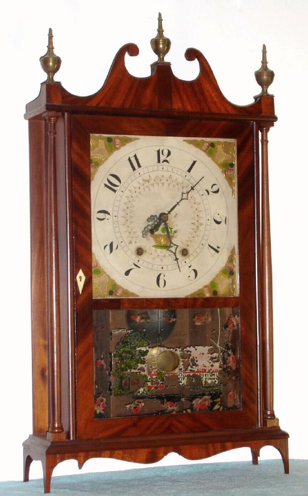 Wadworths, Lounsbury and Turners, Litchfield , Conn., C.1828, 30-hour time and strike wood movement pillar and scroll shelf clock, with restorations. — Antique Clocks Price Guide