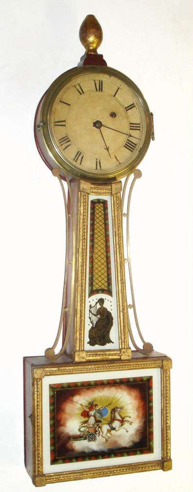Unknown, Massachusetts, C.1820, 8-day banjo or patent timepiece, weight driven, the case with rope molded, gilt frames. — Antique Clocks Price Guide