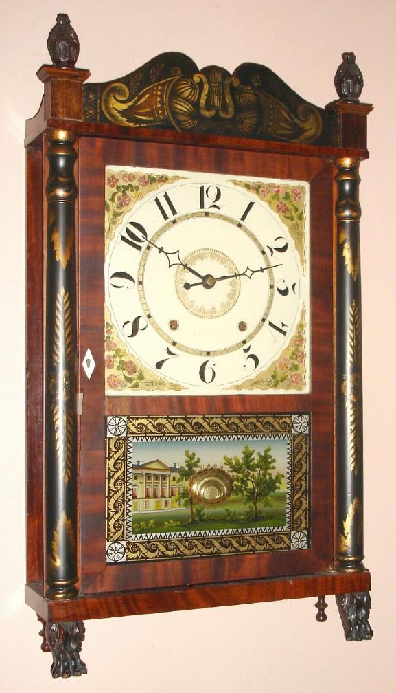 Jeromes' and Darrow, Bristol, Conn., C.1830, 30-hour time/strike wood movement, stenciled half column and splat shelf clock, short, with carved feet. — Antique Clocks Price Guide