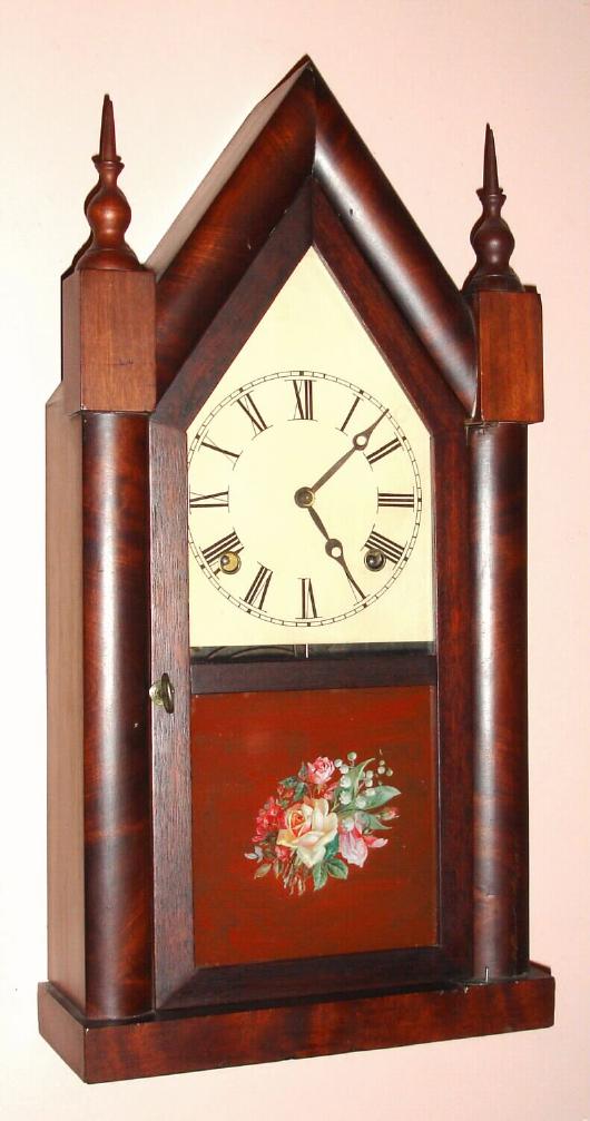 American steeple clock / Forestville Clock Co. mahogany veneered case with replaced 8 day, time and strike spring driven mvt, c1860 — Antique Clocks Price Guide