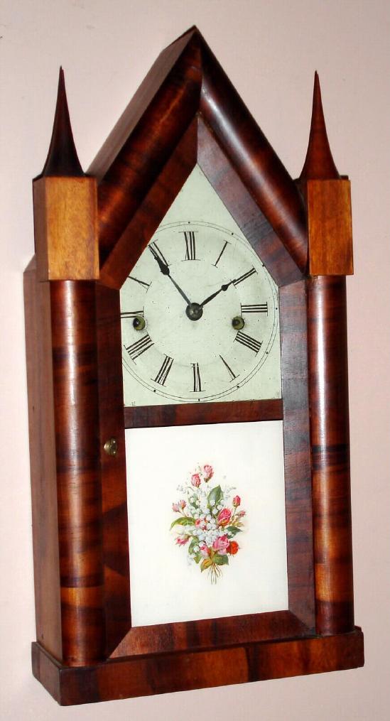Ansonia Clock Co., Ansonia, Conn. "STEEPLE CLOCK" with 30 hour, time and strike spring driven mvt in mahogany veneered case with painted zinc dial, c1860 — Antique Clocks Price Guide