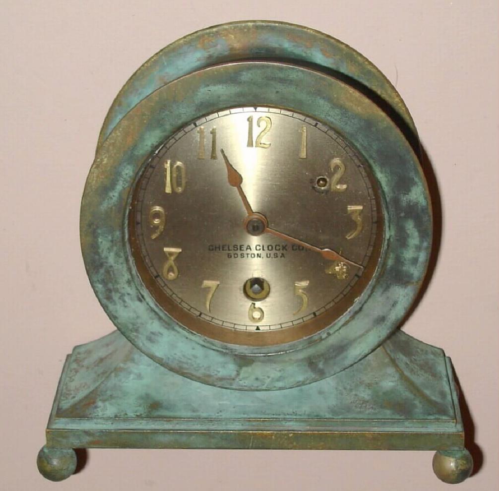 Chelsea Clock Co., Boston U.S.A. miniature "BASE AND BALL" model time only spring driven movement with 3 1/2" special dial with applied bronze Arabic numerals, c1915 — Antique Clocks Price Guide