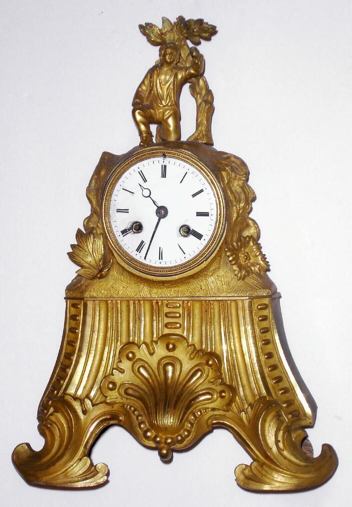 French, Japy, Ormolu figural clock, c.1840, 8-day bell strike, silk thread suspension, showing a boy kneeling at top, as-found. — Antique Clocks Price Guide