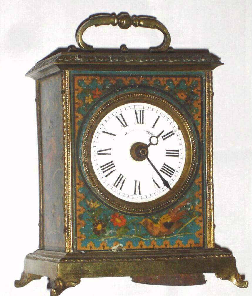 German, 30 hour portable desk clock, c.1890, with painted aviary decorations, in the French style, pendulette mov't with attached pendulum. — Antique Clocks Price Guide