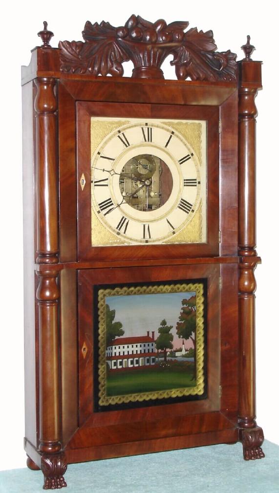 Silas B. Terry, {Terrysville, Conn}, C.1835, early brass works 8-day double deck, mahogany veneer shelf clock with carved splat and paw feet, 2-wt. — Antique Clocks Price Guide