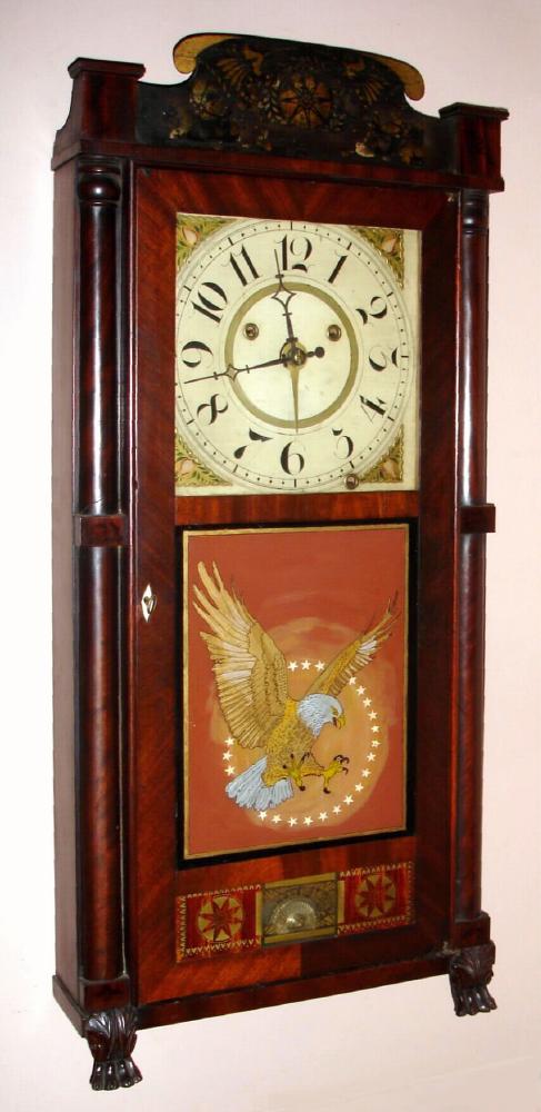 Silas Hoadley, Bristol, Conn., Circa 1830, 30-hour time/ strike/ alarm wood movement half column and splat shelf "Franklin" clock. — Antique Clocks Price Guide