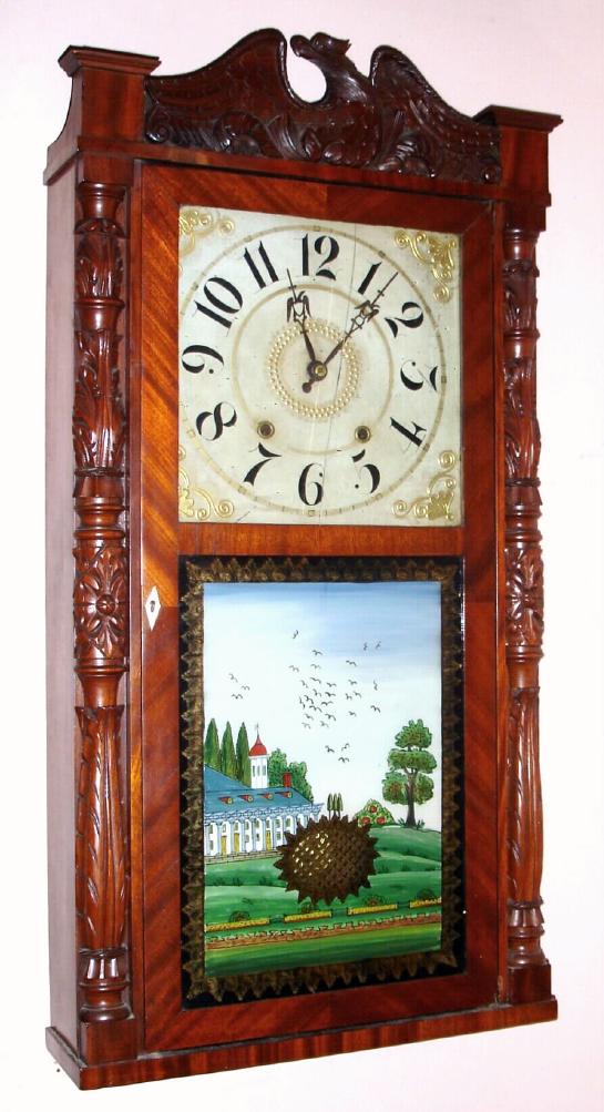 E. and G. W. Bartholomew, Bristol, Conn., Circa 1830, 30-hour time and bell strike carved column and eagle splat shelf clock, wooden mov't, 2-wt. — Antique Clocks Price Guide