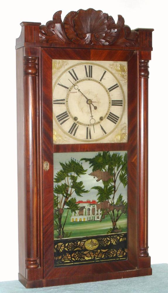 Seth Thomas, Plymouth, Conn., Circa 1830, 30-hour time/strike wood movement, mahogany half column and carved splat shelf clock, 2-wt — Antique Clocks Price Guide