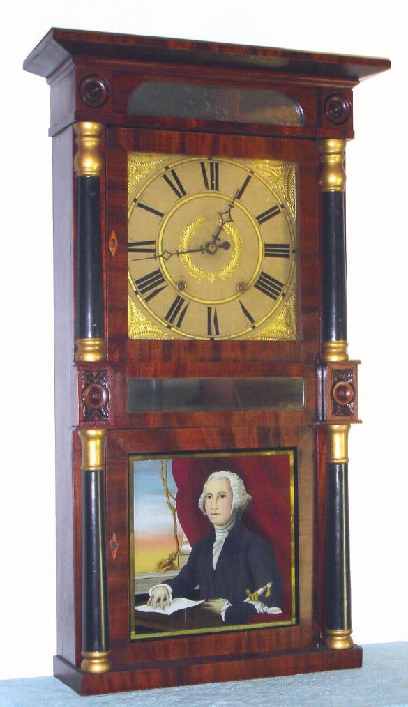 Chauncey Boardman and Joseph A. Wells, Bristol, Conn., Circa 1835, 30-hour time/strike wood movement double deck, Empire shelf clock with ebonized columns /gilt caps. — Antique Clocks Price Guide
