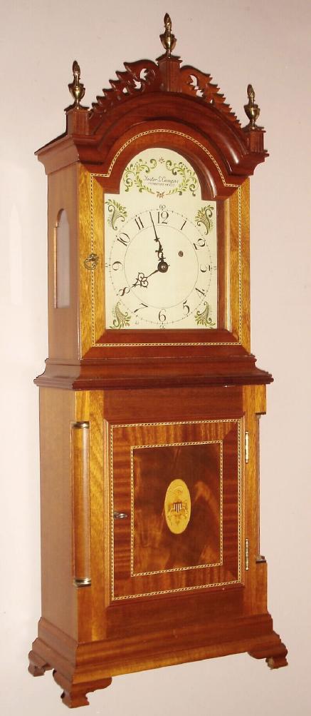 Foster S. Campos, Pembroke, Mass, No. 15-'79, "DAVID WOOD SHELF CLOCK" replica Mass shelf timepiece, model S-1, triple signed on case, weight and dial. This model also with single bell passing strike at each hour. — Antique Clocks Price Guide
