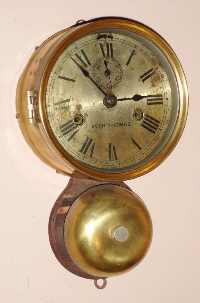 Seth Thomas Clock Co. Thomaston Conn. "SHIP'S BELL, OUTSIDE BELL" model 30 hour ship's strike, spring driven mvt in brass case with large bell attached to back-board of case, c.1890 — Antique Clocks Price Guide
