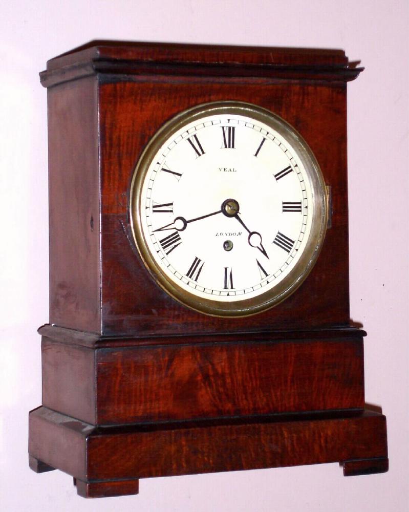 English, Mahogany mantel timepiece, single fusee, C.1875, in the style of a century earlier. — Antique Clocks Price Guide