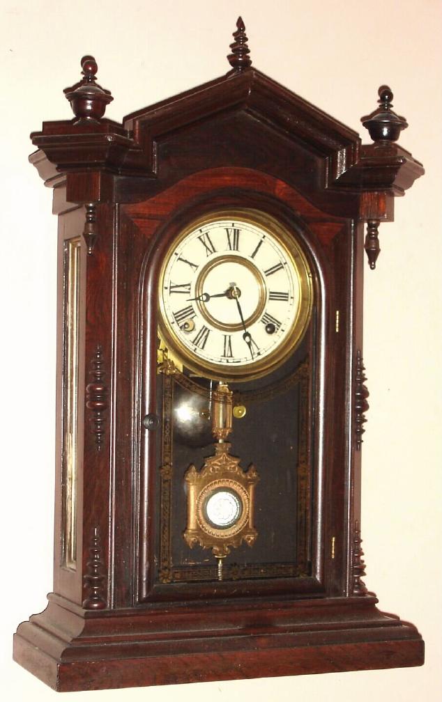 Welch, Spring and Co., "LUCCA, VP" model in rosewood, 8-day time and bell strike with oversize glass insert pendulum, 8-day, C.1880. — Antique Clocks Price Guide