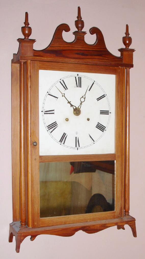 Home made pillar and scroll, using a brass Chauncey Jerome OG movement, the case of all pine, including the finials, 1-day, C.1950. — Antique Clocks Price Guide