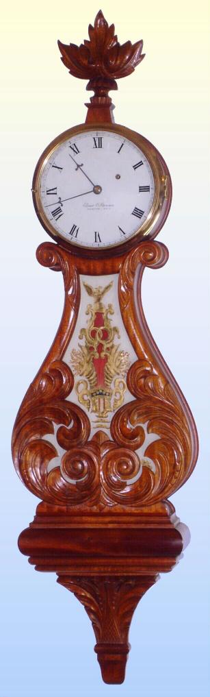 Elmer O. Stennes, Weymouth, Mass, Lyre banjo, 8-day weight driven wall clock, dated 1969, No. 14 and "OOB" {out on bail}. — Antique Clocks Price Guide
