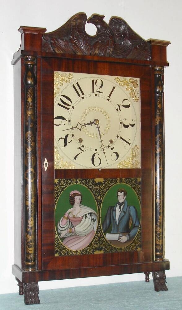 L. and J. Frisbie and Co., Chittenango, Madison Co., NY, C.1840, short stencilled column and eagle splat, 1-day wooden works. — Antique Clocks Price Guide