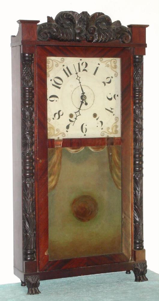 Hopkins and Alfred, Harwinton, Conn, C.1835, Carved column and splat, 1-day wooden works, bell strike. — Antique Clocks Price Guide