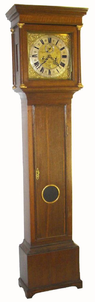 English, John Stevenson, Stafford, C.1770, diminutive oak cased square dial (12") tall clock, 8-day time and strike [count wheel off great wheel], 2-wt. With seconds bit below 12, and calendar aperture above 6 and with deeply ringed winding holes. Finely pierced spandrels with a female face. — Antique Clocks Price Guide