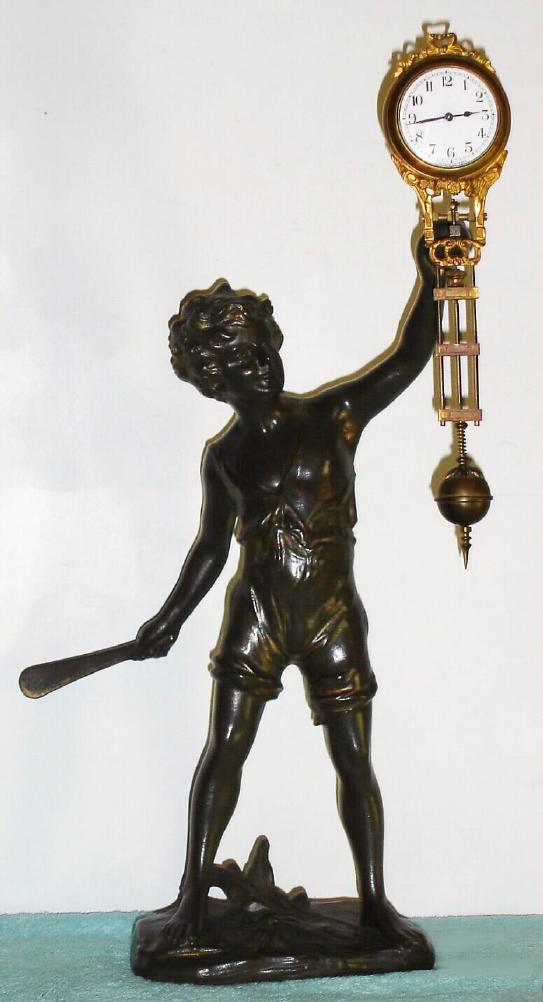 Junghans, Germany, Cricket Player, or "BATBOY", patinated spelter swinging arm clock, 8-day time only spring driven movement with Arabic numeral porcelain dial, c1905 — Antique Clocks Price Guide