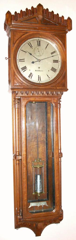 Seth Thomas Clock Co., REGULATOR No. 12, fine quality timepiece in a Victorian walnut case with hounds tooth trim along the top, 8-day, weight movement with jeweled pallets, c.1881 — Antique Clocks Price Guide
