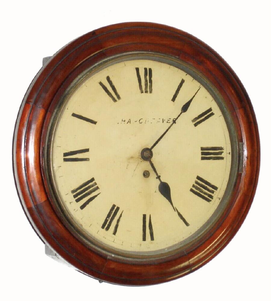 English, pub or dial clock, single fusee, with 11 inch painted dial on a turned / segmented mahogany bezel, wall hanging, C.1890 — Antique Clocks Price Guide