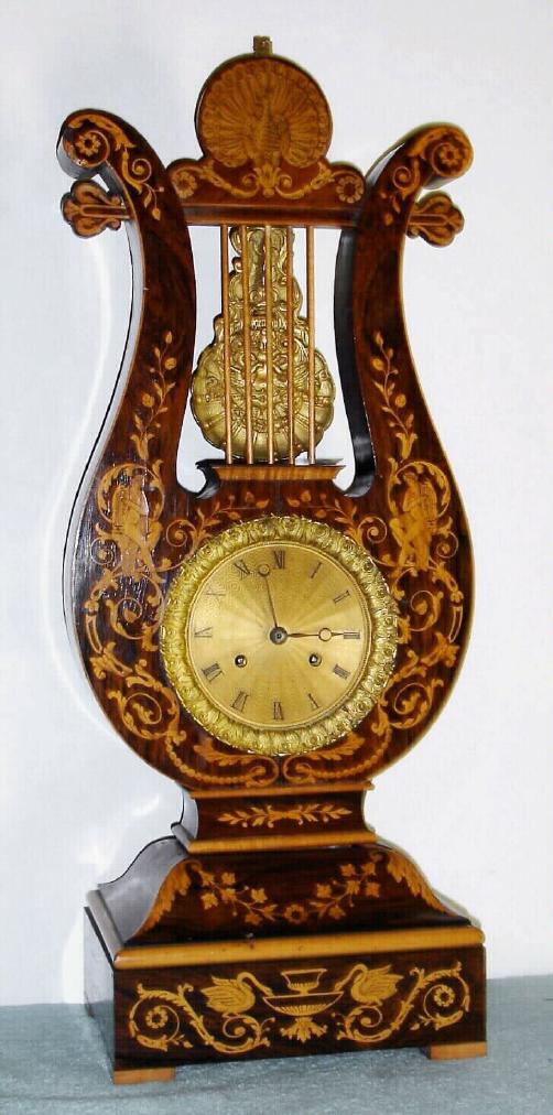 French lyre form mantel clock with 8 day time and strike spring driven movement in rosewood case with satin inlay and ET Roman numeral gilt metal dial and Breguet style moon hands, c1880 — Antique Clocks Price Guide