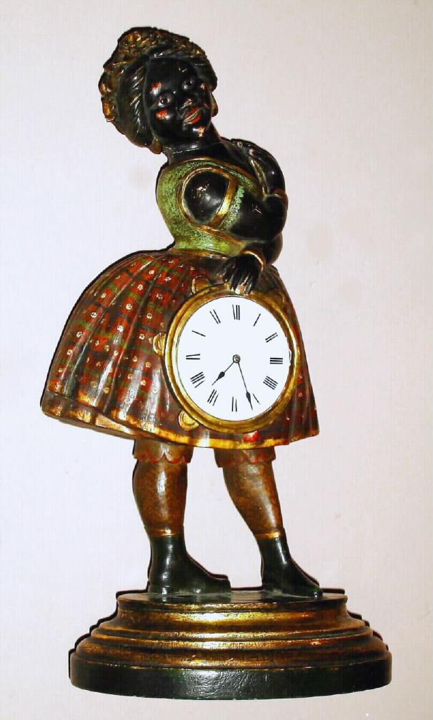 Topsey carved wooden mantel clock with French 8 day time only mov't with platform cylinder escapement in ebonized and polychrome painted case with Roman numeral porcelain dial inset into Topsey's dress, c1875 — Antique Clocks Price Guide
