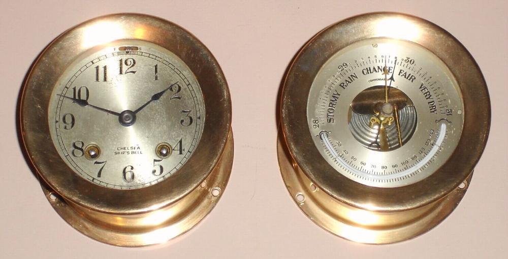 Chelsea Clock Co., Circa 1935, 8-day time and ship's bell strike clock and barometer set, serial No. 218849. Barometer serial no. 336 (2-items), with screw bezels. — Antique Clocks Price Guide