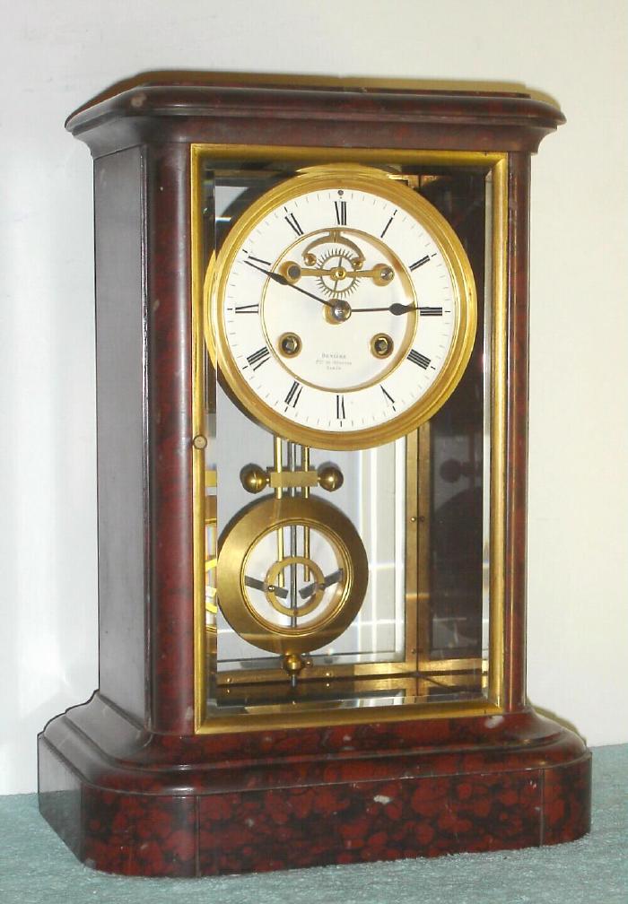 French, Deniere, Paris, Circa 1890, 8-day time/strike red marble and glass "mantel regulator" clock, with open escapement on the dial, and Ellicott style compensating pendulum. — Antique Clocks Price Guide