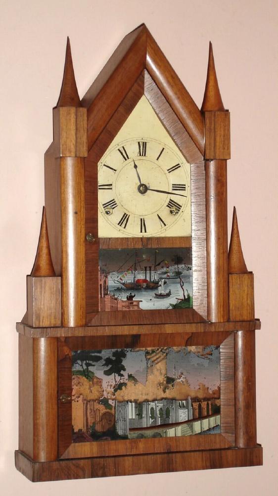 Elisha Manross, Bristol, Conn., Circa 1845, 8-day time and strike, detached fusee steeple on steeple shelf clock. — Antique Clocks Price Guide