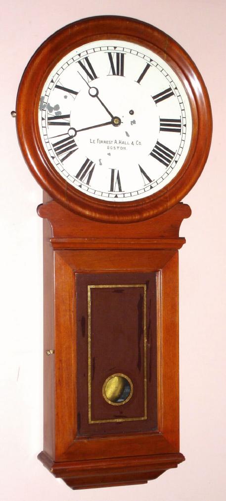 Unsigned Boston / Chelsea Pendulum No. 3 (Variant) wall regulator, weight driven, C.1896/7, serial No. 417 with long pendulum, retailed by Le Forrest A. Hall and Co., Boston, the case of cherry. — Antique Clocks Price Guide