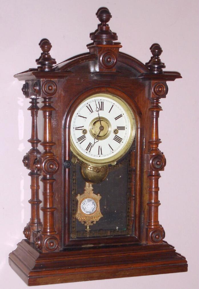 Welch, Spring and Co., C.1878, PATTI model mantel clock, rosewood case with gold highlighted front glass, nicely cleaned. — Antique Clocks Price Guide